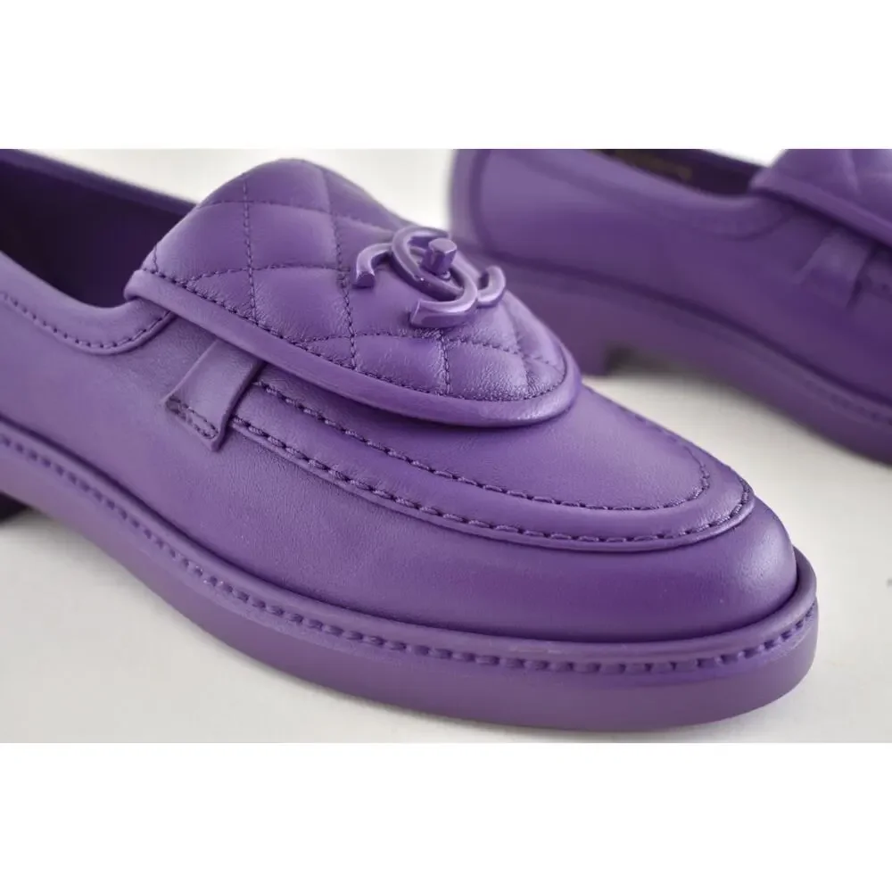 Chanel 24C Purple Leather Quilted Flap Turnlock CC Logo Moccasin Flat Loafer 36